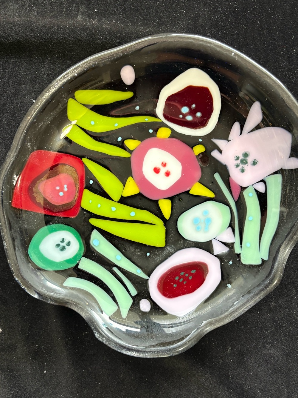 “Abstract Flowers on Black Fused Art Glass  Handmade 7”x2”Bowl OOAK